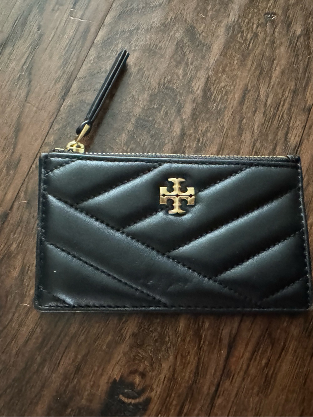 Tory Burch Black Quilted Leather Zip Card Wallet with Gold Logo